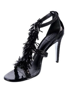 TORY BURCH ~ Black Patent Leather 4” Ankle Strap Heels w/Fringe Detail & Glitter